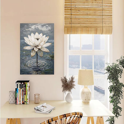 Stunning white lotus emerges from prismatic water with delicate petals background Serene aquatic wall art suitable for modern minimalist decor 20x30in Wood Framed