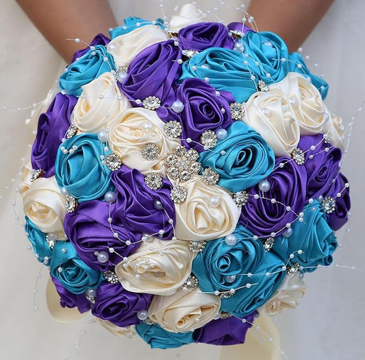 Bridal Wedding Bouquet Round Bling Brooch Bouquet Throw Toss Artificial Rose Flower Bunch for Bride Bridesmaid Wedding Quinceanera(Teal Blue, Purple & Cream, 9.8")