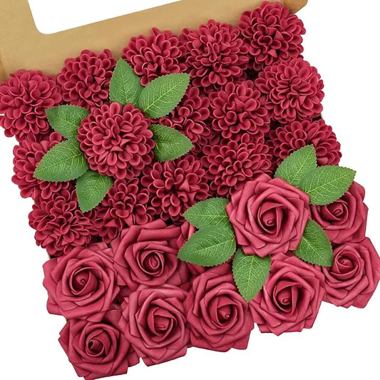 Artificial Flowers, 50pcs Hot Pink Artificial Rose for DIY Wedding Bouquets Centerpieces Arrangements, Hot Pink Rose and Dahlia Flowers with Stems for Bridal Shower Party Home Decorations