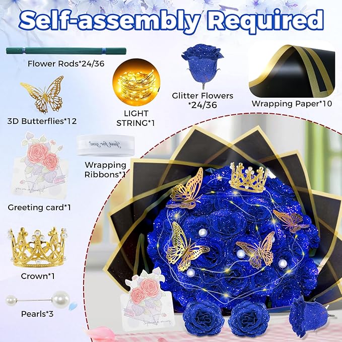 Blue Glitter Roses Bouquet, 36 Pcs Shiny Glitter Flowers Bouquet, Everlasting DIY Artificial Roses Bouquet for Christmas, Birthday, Anniversary, Wedding, Engagement