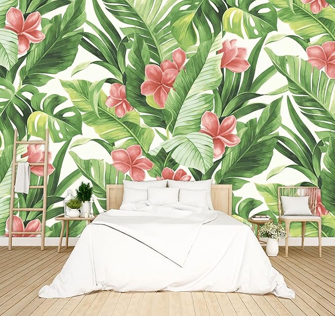 Banana Leaf Wallpaper Pink Floral Plant Girls Bedroom Botanical Flowers murals Aesthetic Room Decor Living Room tv Background Large Wall Mural - 137"x96" Not Peel and Stick