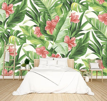 Banana Leaf Wallpaper Pink Floral Plant Girls Bedroom Botanical Flowers murals Aesthetic Room Decor Living Room tv Background Large Wall Mural - 137"x96" Not Peel and Stick
