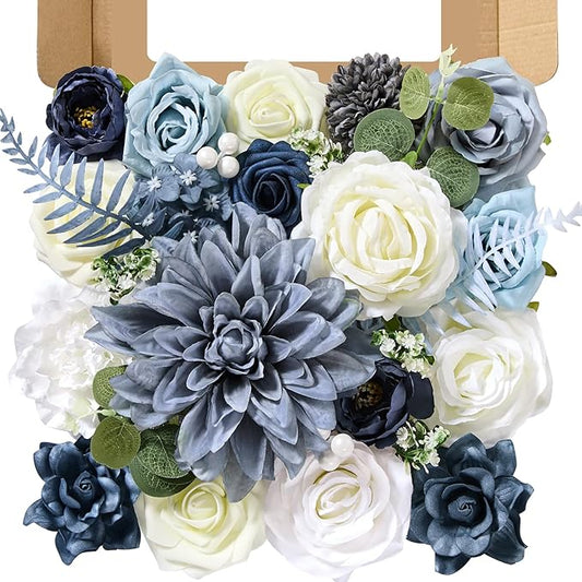Artificial Flowers, Dusty Blue Silk Flowers for DIY Wedding Bridal Bouquets, Fake Cake Flowers for Centerpieces,Baby Shower, Table Arrangement, Home Party Decor