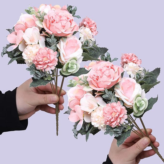 2 Pack Artificial Peony Flowers, Silk Peonies Flowers Fake Peonies Artificial Flowers Peonies Hydrangea Bouquet for Centerpiece Table Wedding Party Home Decor (2, Pink + White)