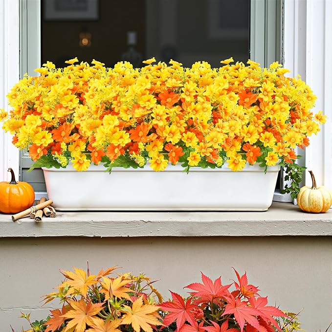 Uieke Artificial Fake Flowers, 6 Bundles Daisy Mums Flowers Outdoor UV Resistant No Fade Greenery Shrubs Plants Indoor Outside Hanging Planter Home Wedding DIY Garden Porch Décor (Orange Yellow)