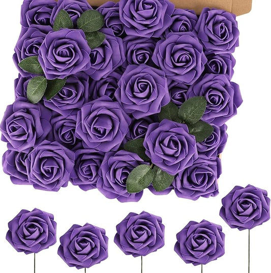 MACTING 60PCS Artificial Rose Flowers Real Touch Foam Flowers with Stem Fake Roses for DIY Wedding Bouquet Table Centerpieces Party Holiday Home Indoor Spring Valentines Day Decorations,Purple