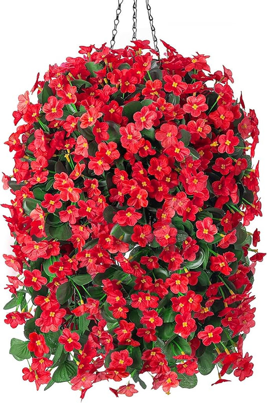 HyeFlora Artificial Fake Red Hanging Flowers Plants Basket for Outdoor Outside Winter Christmas Decor, Faux Silk Daisy Flower Look Real UV Resistant Orchid Vine Plant for Porch Garden Yard Patio Home