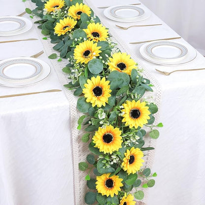 SOMYTING Artificial Sunflower Garland, 4 Packs 6ft Silk Sunflowers Vines Hanging Flowers Garland with Green Leaves for Party Baby Shower Birthday Wedding Room Decor (4PCS)