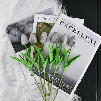 Mandy's Artificial Tulips 20 Stems Silver Grey PU Faux Flowers for Thanksgiving and Christmas Decorations Wedding Home Decor 13.5 Inch