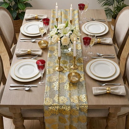 Artoid Mode Sage Green Gold Dahlia Flower Gauze Table Runner 120 Inch 10FT, Glitter Metallic Foil Sheer Cheesecloth Dining Holiday Table Decor for Home Party