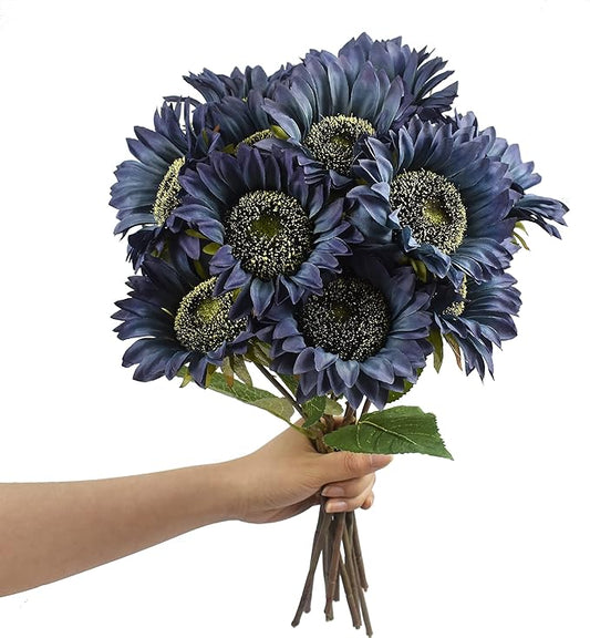 Blue Artificial Sunflower Flowers 8 Pcs Single Long Stem Silk Fake Sunflowers Bridal Wedding Bouquet Fake Yellow Flower Arrangements for Outdoor