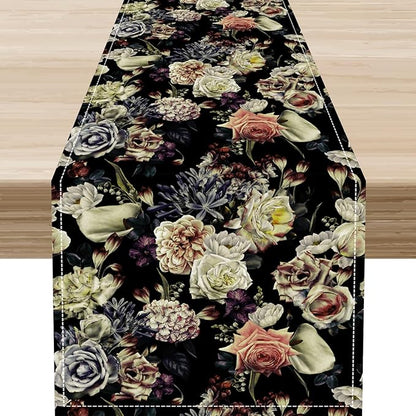 Gothic Floral Table Runner, Vintage White Blue Floral Boho Flower Garden Botanical Spring Seasonal Print Table Center Decor for Family Kitchen Table Decorations Indoor Outdoor 13x72 inch