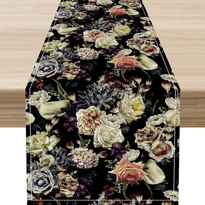 Gothic Floral Table Runner, Vintage White Blue Floral Boho Flower Garden Botanical Spring Seasonal Print Table Center Decor for Family Kitchen Table Decorations Indoor Outdoor 13x90 inch