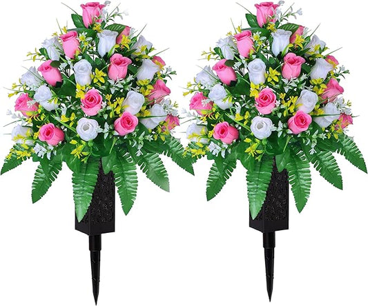 Artificial Cemetery Flowers, Gravesite Decoration Roses, Memorial Bouquets with Cemetery Vase, Vibrant and Long-Lasting Colors (Pink+White, 2 Bundles)