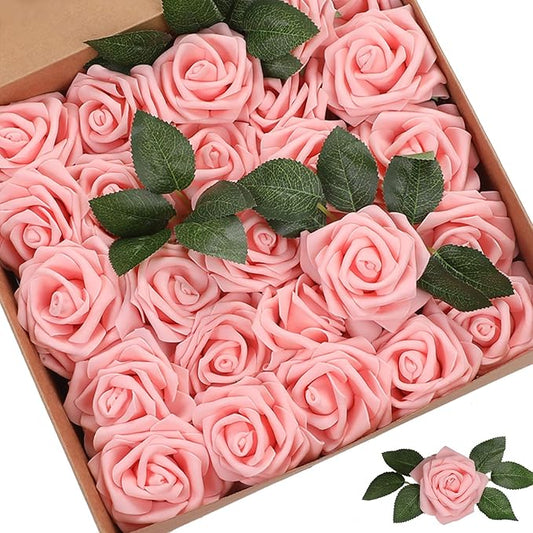 Artificial Flowers Roses 50pcs Pink Roses Wedding Decoration Real Looking Fake Roses w/Stem for DIY Wedding Bouquets Centerpieces Arrangements Party Baby Showers Home Decorations (Peach Pink, 50 pcs)