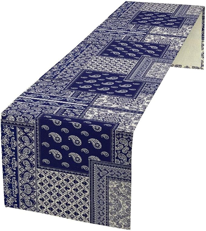 Boho Patchwork Table Runner, Blue White Bohemian Paisley Floral Vintage Farmhouse Table Runner for Kitchen Dining Home Party Holiday, 13x60 Inch
