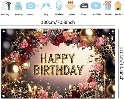 Red and Black Happy Birthday Backdrop Banner Gold Balloons Rose Flowers Leopard Print Party Decorations Photography Background Women Girls Birthday Photo Booth Props 71x43 Inch