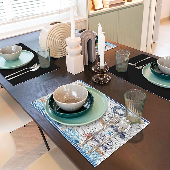 Starfish Placemats, Simple Vintage Watercolour Coral Ocean Shell Lighthouse Seahorse Sailboat Coastal Theme Print Washable Fabric Placemats Table Kitchen Dining Party 12x18 Inch Set of 4