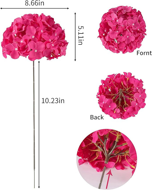 DuHouse 8.7" Silk Hydrangea Flower Heads with Stems Fake Hydrangeas Flowers for DIY Wedding Centerpiece Home Decor,Pack of 6(Fuchsia)