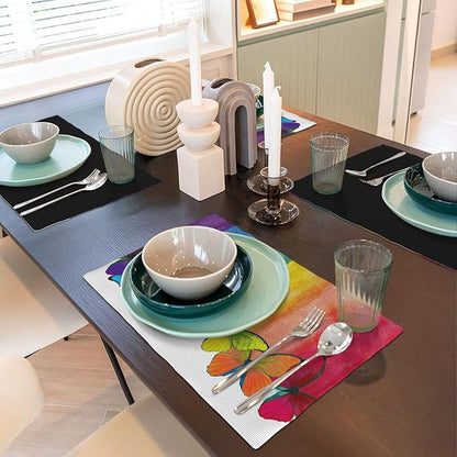 Rainbow Butterfly Placemats Set of 6,Colorful Butterfly Kids Girls Birthday Party Decor Washable for Kitchen Dining Table Heat Resistant Decorative Colth Table Mats 6 PCS, Style-2