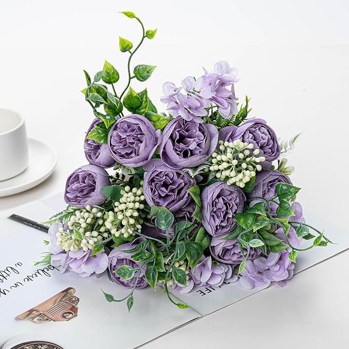 KAOYOO 2 PCS Artificial Peony Bouquet Short Stem for DIY Wedding Decoration Bridal Bouquet Home Decorations(Purple 2-PCS)