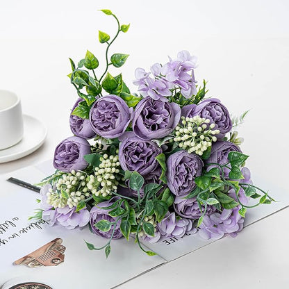 KAOYOO 2 PCS Artificial Peony Bouquet Short Stem for DIY Wedding Decoration Bridal Bouquet Home Decorations(Purple 2-PCS)