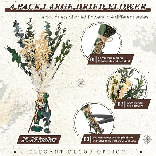 Layhit 4 Pack Large Size Boho Dried Flower Bouquet 15-17 Inch Wedding Handmade Dry Flowers for Vase Crafts DIY Photo Boutonniere for Men Floral Plant for Bridesmaid Gift Birthday Decor(Eucalyptus)