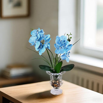 Jusdreen Artificial Blue Orchid in Glass Vase, Realistic Phalaenopsis Arrangement with Potting for Home Office Table Decor, 14.5 Inch Orchid Centerpiece
