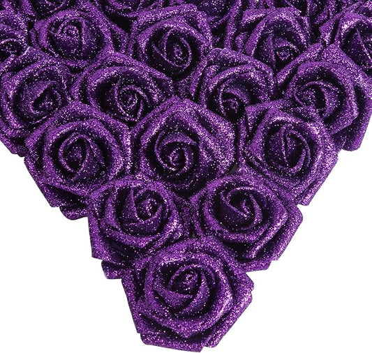 IPOPU Glitter Roses, 25pcs Foam Glitter Roses Glitter Flowers Foam Rose with Stem for DIY Wedding Bridal Bouquet Home Party Decoration(Purple)