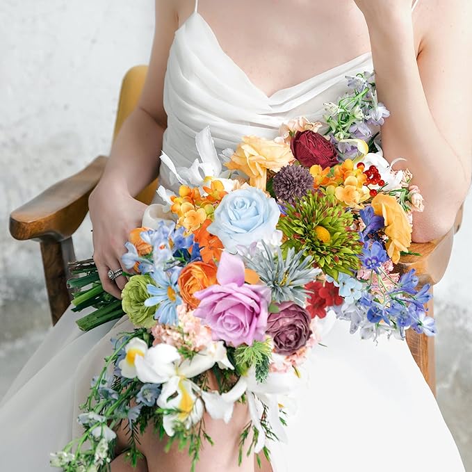 Artificial Flowers Combo Box, 38PCS Fake Flowers, Silk Flower Mix with Wire Stem, DIY Wedding Bridal Bouquet Shower Party Home Décor (Multi Color)