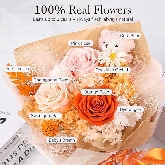 Preserved Flowers Bouquet with Bear, 3 Real Forever Flowers for Delivery, Long-Lasting Orange Eteranl Roses Bouquet Birthday Gifts for Women, Mother, Wife, Her