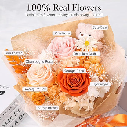 Preserved Flowers Bouquet with Bear, 3 Real Forever Flowers for Delivery, Long-Lasting Orange Eteranl Roses Bouquet Birthday Gifts for Women, Mother, Wife, Her