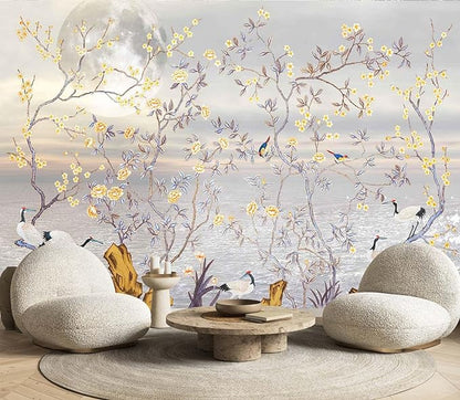Flowers and Birds Wallpaper Riverside Landscape Wall Mural with Crane and Moon for Bedroom Living Room(Not Self-Adhesive)