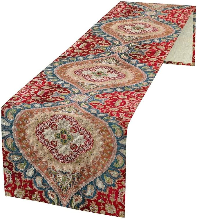 Vintage Persian Table Runner, Boho Traditional Red Ornate Floral Print Table Runner for Kitchen Dining Festive Holiday Party Decor, 13x120 Inch