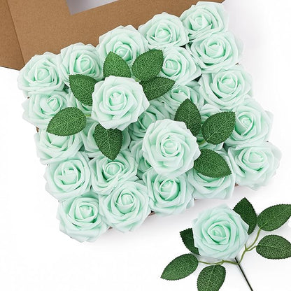 DuHouse 50Pcs Artificial Roses Flowers Fake Roses with Stems Real Touch Foam Flowers for DIY Wedding Bouquet Baby Shower Centerpiece Floral Arrangement Party Home Decor(Mint Green)