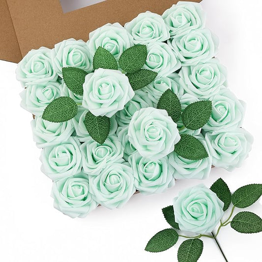DuHouse 50Pcs Artificial Roses Flowers Fake Roses with Stems Real Touch Foam Flowers for DIY Wedding Bouquet Baby Shower Centerpiece Floral Arrangement Party Home Decor(Mint Green)