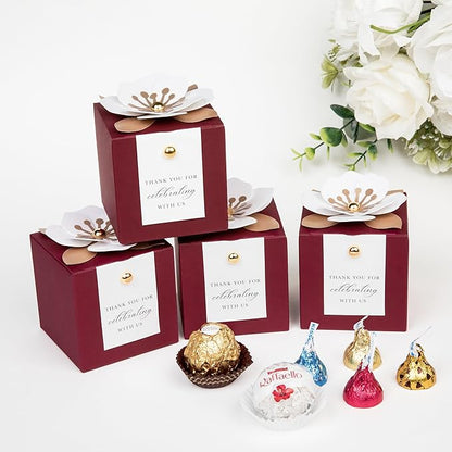 FEIYI 20 PCS Candy Boxes, 3 In 1 Burgundy Favor Boxes with Floral Decor, White Thank You Tags Gift wrapping for Wedding Birthday Baby Shower Decorations Party -2.55x2.55x2.55''