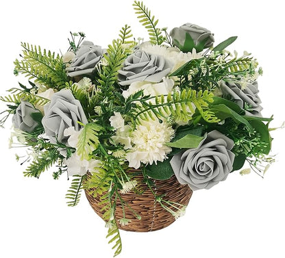 Grey Roses Artificial Flowers 25 PCS, Fake Rose Flower Heads Flowers with Stem for DIY Bouquets Wedding Decorations Centerpieces Arrangements Party Home Decor