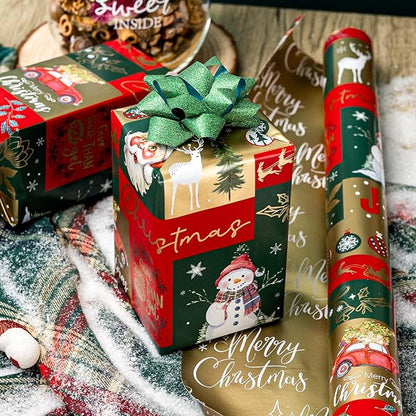 MAYPLUSS Christmas Wrapping Paper - 17 Inch X 33 Feet - Santa Claus Reversible Merry Christmas Gift Wrapping Paper, Metallic Foil Thick Gift Wrap Paper for Holiday Party New Year Kids
