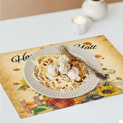 Autumn Scarecrow Placemats Farmhouse Rustic Vintage Brown Sunflower Pumpkin Flower Maple Thanksgiving Placemats Table Kitchen Dining Party 12x18 Inch Set of 4