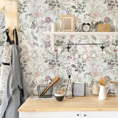 Erfoni 17.7" x 394" Removable Peel and Stick Wallpaper Floral and Leaf Contact Paper Boho Flower Self Adhesive Wallpaper DIY Vintage Wall Paper Decoration for Accent Wall Cabinets Decor Waterproof