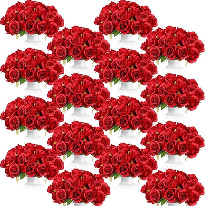 Jexine 240 Pcs Artificial Rose Flowers Bouquet Silk Realistic Flowers Bulk Centerpieces DIY Bride Fake Rose for Home Bridal Wedding Party Decorations(Red)