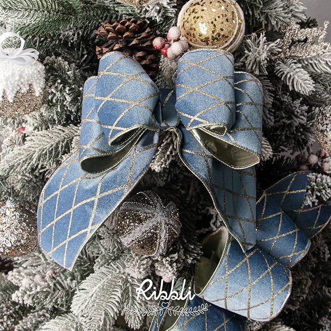 Ribbli Dusty Blue Velvet Ribbon Wired with Glitter Diamond Grid 4 Inch Christmas Ribbon for Christmas Tree Decoration Big Bow Gift Wrapping Crafts Wreaths Garland Supplies - 10 Yards