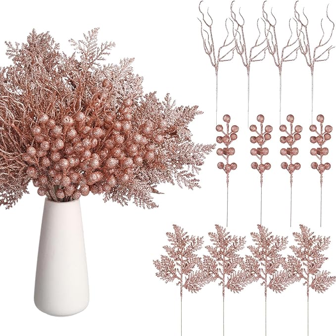 75 Pcs Christmas Glitter Branches 3 Styles Artificial Christmas Picks Berries Stems Pine Needles Floral Twig Spray for Xmas Tree Ornaments DIY Wreath Garland(Rose Gold)