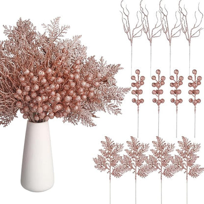 75 Pcs Christmas Glitter Branches 3 Styles Artificial Christmas Picks Berries Stems Pine Needles Floral Twig Spray for Xmas Tree Ornaments DIY Wreath Garland(Rose Gold)