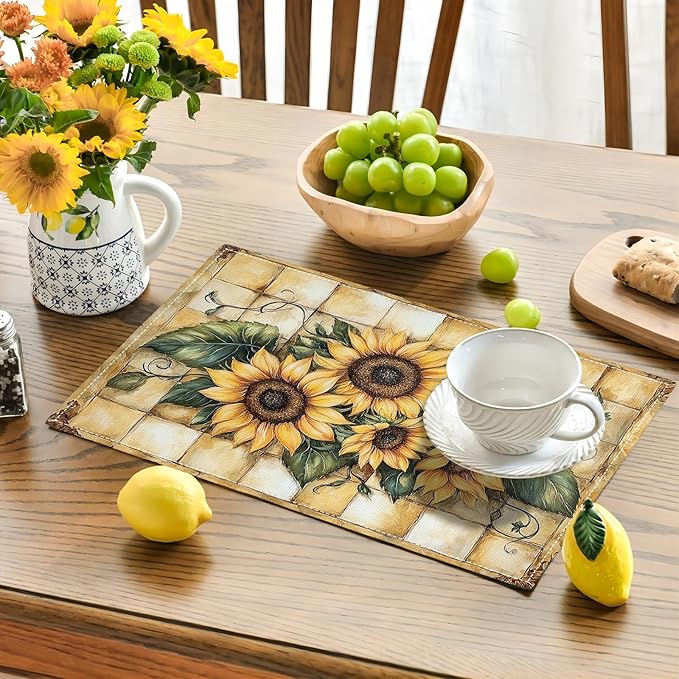 Farmhouse Sunflower Placemats Set of 6, Country Flowers Place Mats, Rustic Yellow Check Dining Table Mats, Washable Placemats for Kitchen Dining Room Home Decor 18L'' × 12W''