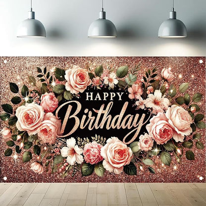 Happy Birthday Backdrop Banner Rose Gold Glitter Floral Photography Background for Women Girls Lady Wedding Baby Shower Birthday Supplies Photo Props Party Decorations Cake Table 6x4ft