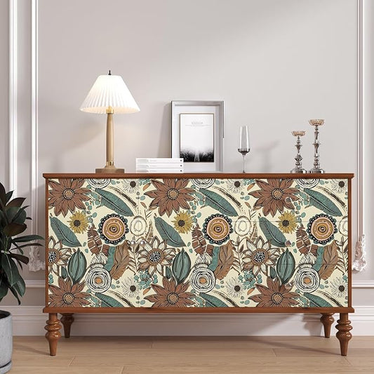 Boho Wallpaper Peel and Stick,Vintage Floral Contact Paper 17.5" x 118", Retro Botanical Flowers Wall Paper Self Adhesive Removable Waterproof for Walls Shelves Cabinet Table (Beige,Brown, Blue)