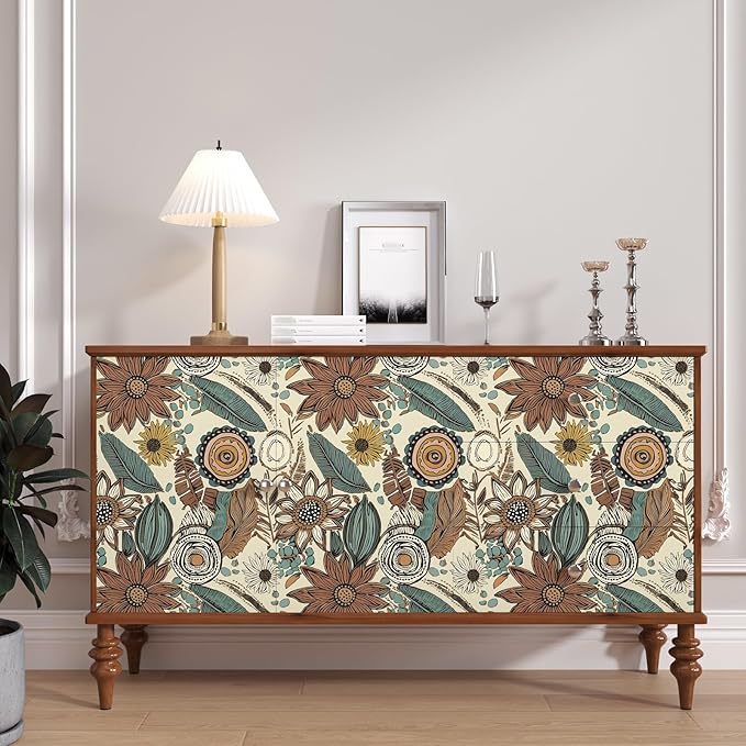 Boho Wallpaper Peel and Stick,Retro Floral Contact Paper 17.5" x 393.7", Vintage Botanical Flowers Wall Paper Self Adhesive Removable Waterproof for Walls Shelves Cabinet Table (Beige,Brown, Blue)