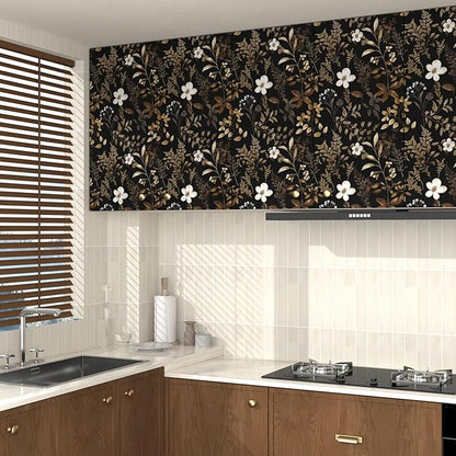 Black Floral Wallpaper Peel and Stick Boho Wallpapers 17.5" x 118" Gold Leaf Contact Paper for Cabinets Waterproof Self Adhesive Removable Wall Paper for Kitchen Table Countertop Walls